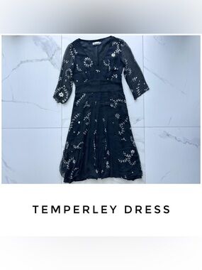 Temperley London dress size 8 6 black silver print sheer midi